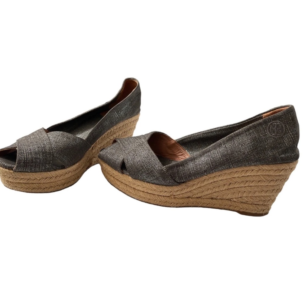 Tory Burch Filipa Wedge Espadrille Pewter Sandal  Platform EUC Size 9 1/2